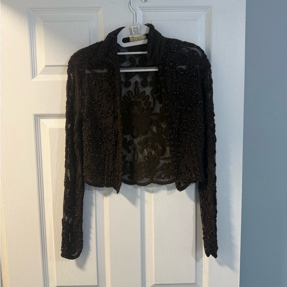 Cache - Brown -  Sheer Embroidered Top - Small